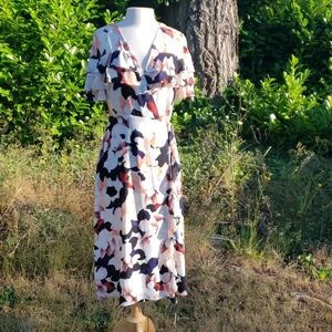 1. State Floral Ruffle Sleeve Midi Wrap  Dress Medium Black Cream Peach
